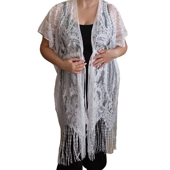 Women’s One Size Lace Swimsuit CoverUp Kimono White New Sheer Mesh Fringed Midi - Picture 2 of 11